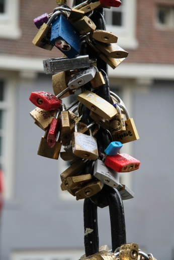 Love locks on a chain in Amsterdam